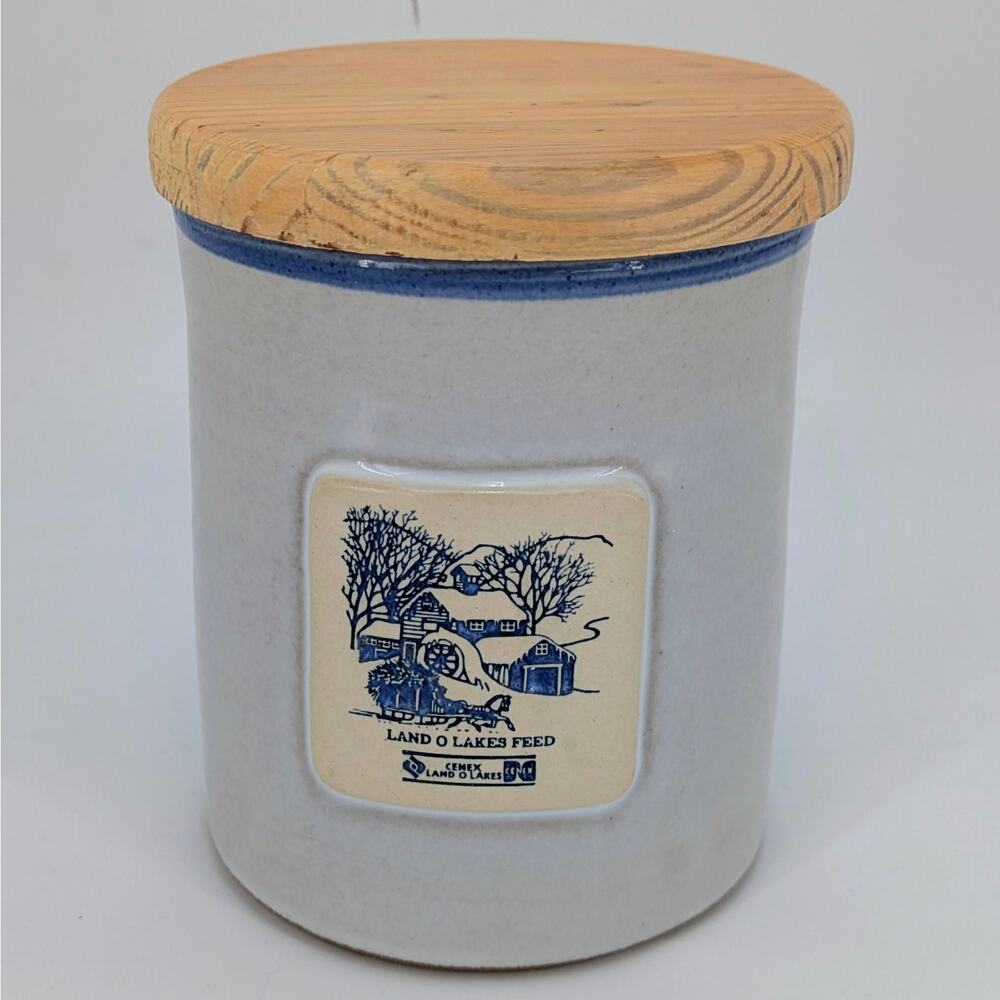 Land O Lakes Stoneware Crock Canister Wood Lid Cenex Feed 1992 VTG Advertising